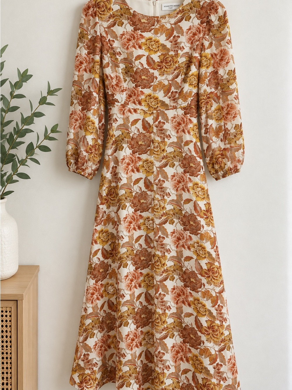 HYANCITH HOUSE Cream Midi Dress with Brown and Mustard Floral Print